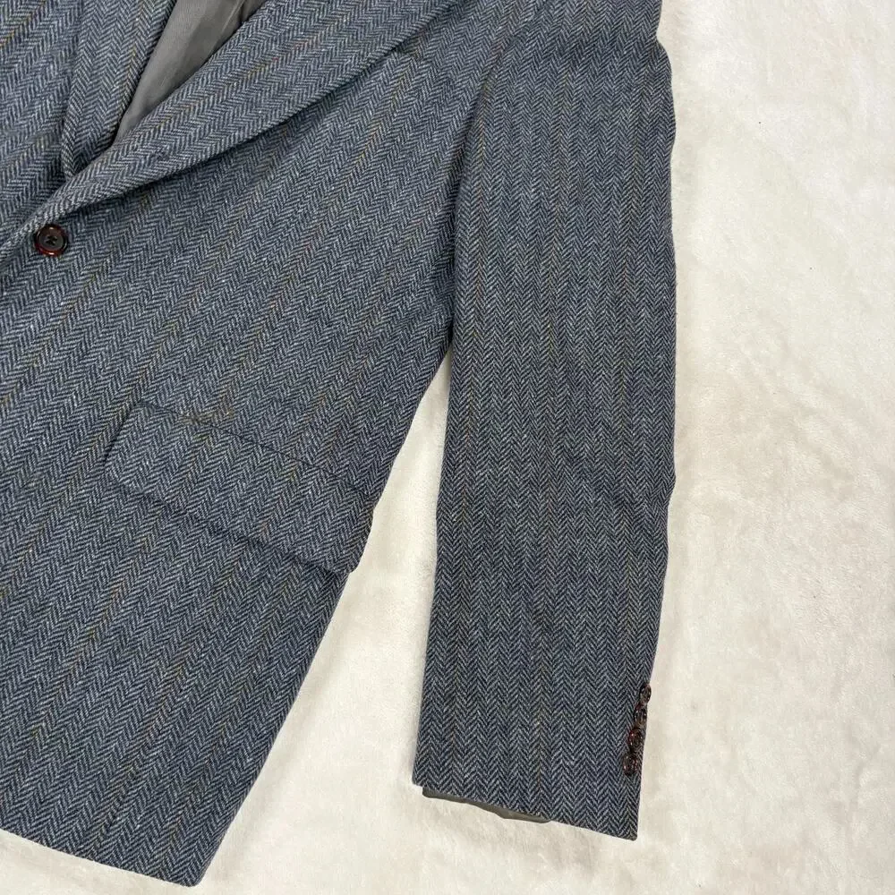 College Town Clothes Mens Wool Blazer Gray Herringbone Plaid Sport Coat Vintage
